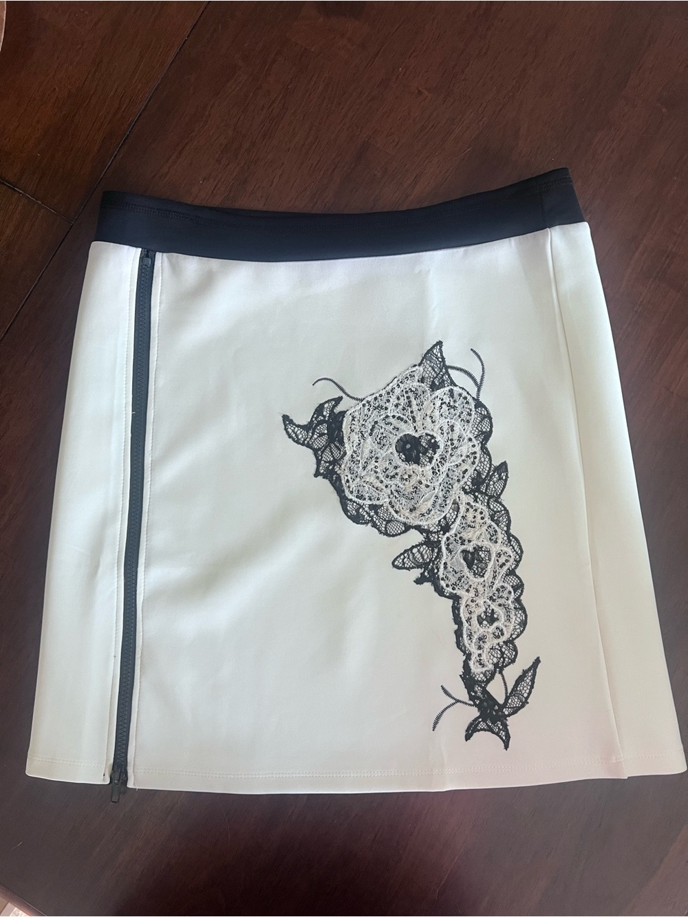 White Lace-Appliqué A-Line Skirt with Black Waistband